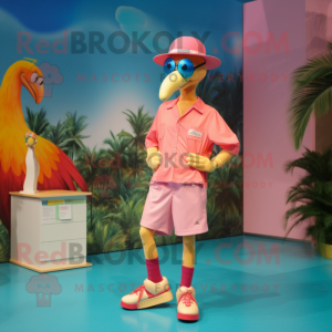 Gold Flamingo mascot costume character dressed with a Bermuda Shorts and Caps