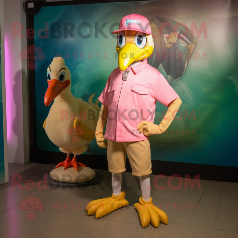 Gold Flamingo mascot costume character dressed with a Bermuda Shorts and Caps