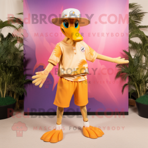 Gold Flamingo mascot costume character dressed with a Bermuda Shorts and Caps