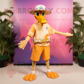 Gold Flamingo mascot costume character dressed with a Bermuda Shorts and Caps