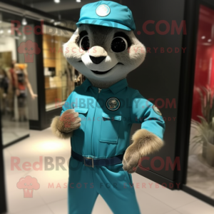 Teal Meerkat mascot costume character dressed with a Jumpsuit and Bracelet watches