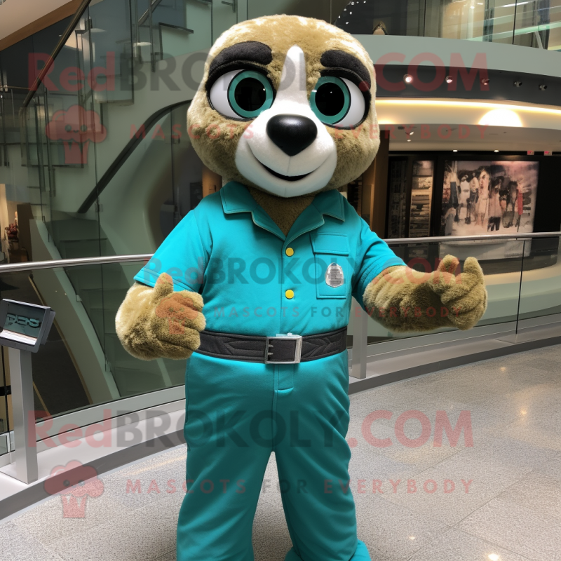 Teal Meerkat mascot costume character dressed with a Jumpsuit and Bracelet watches