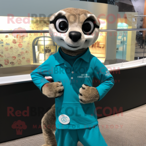 Teal Meerkat mascot costume character dressed with a Jumpsuit and Bracelet watches