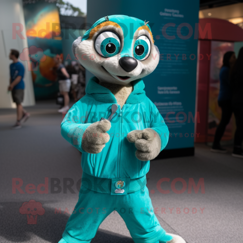 Teal Meerkat mascot costume character dressed with a Jumpsuit and Bracelet watches