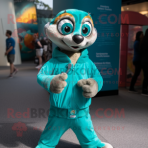 Teal Meerkat mascot costume character dressed with a Jumpsuit and Bracelet watches