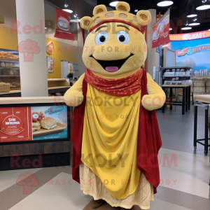 Gold Pulled Pork Sandwich mascot costume character dressed with a Maxi Dress and Scarves