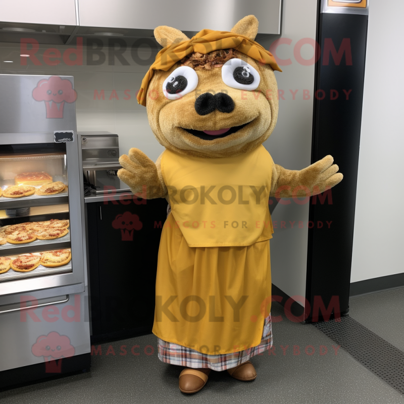 Gold Pulled Pork Sandwich mascot costume character dressed with a Maxi Dress and Scarves