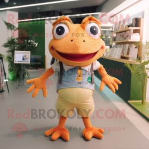 Peach Frog mascot costume character dressed with a Oxford Shirt and Anklets