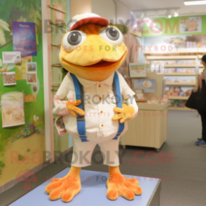 Peach Frog mascot costume character dressed with a Oxford Shirt and Anklets