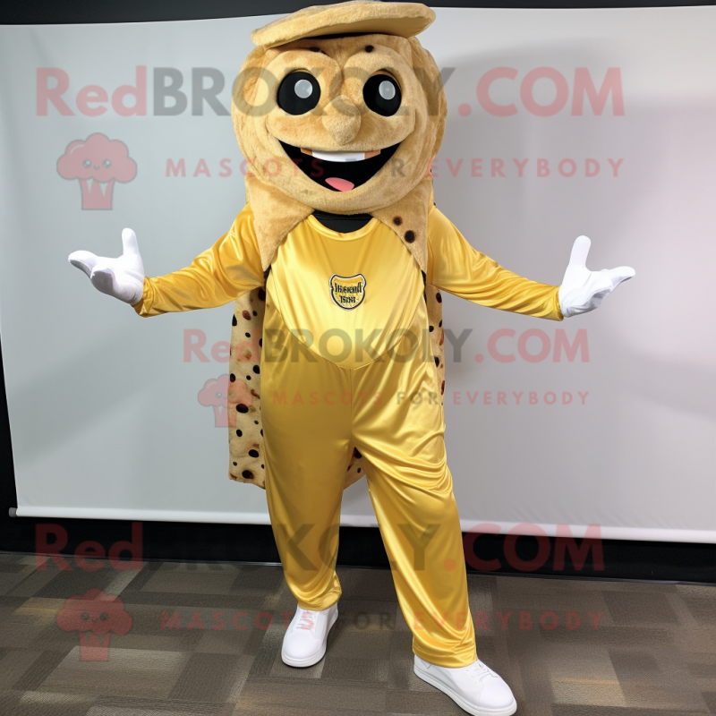 Gold Pizza mascot costume character dressed with a Jumpsuit and Shoe clips