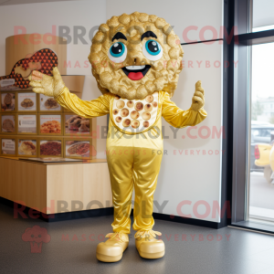 Gold Pizza mascot costume character dressed with a Jumpsuit and Shoe clips