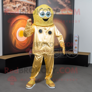 Gold Pizza mascot costume character dressed with a Jumpsuit and Shoe clips