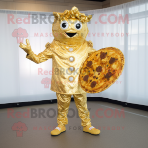 Gold Pizza mascot costume character dressed with a Jumpsuit and Shoe clips