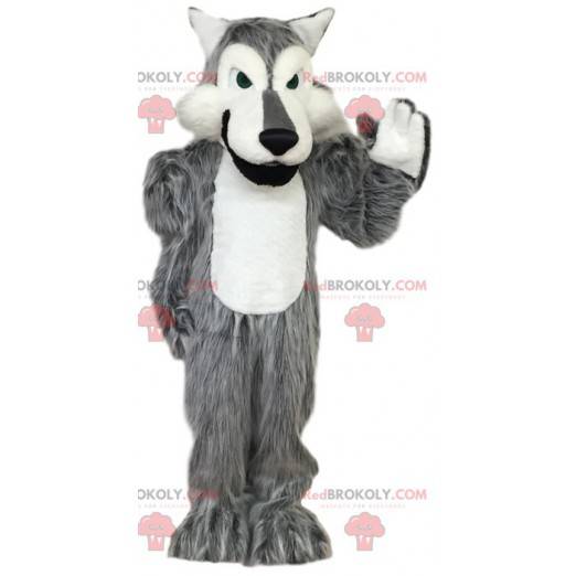 Mascotte de loup gris et blanc. Costume de loup - Redbrokoly.com