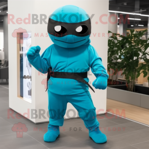 Turquoise Ninja mascot costume character dressed with a Leggings and Sunglasses