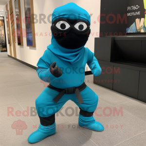 Turquoise Ninja mascot costume character dressed with a Leggings and Sunglasses