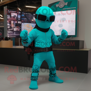 Turquoise Ninja mascot costume character dressed with a Leggings and Sunglasses