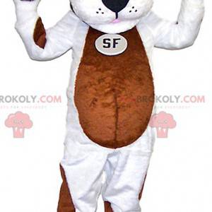 White dog mascot with brown spots. Dog costume - Redbrokoly.com