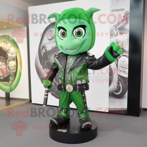 Green Knife Thrower mascot costume character dressed with a Biker Jacket and Coin purses