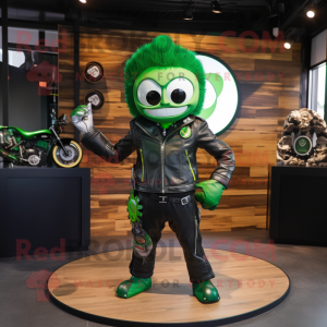 Green Knife Thrower mascot costume character dressed with a Biker Jacket and Coin purses