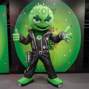 Green Knife Thrower mascot costume character dressed with a Biker Jacket and Coin purses