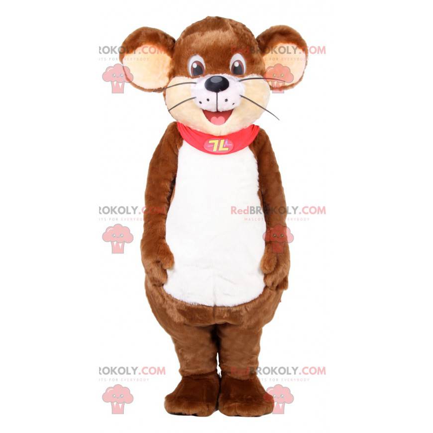 Mascotte del mouse marrone con un mantello rosso -
