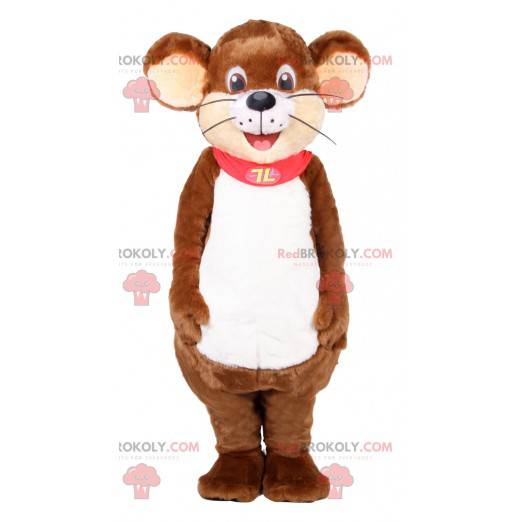 Mascotte del mouse marrone con un mantello rosso -