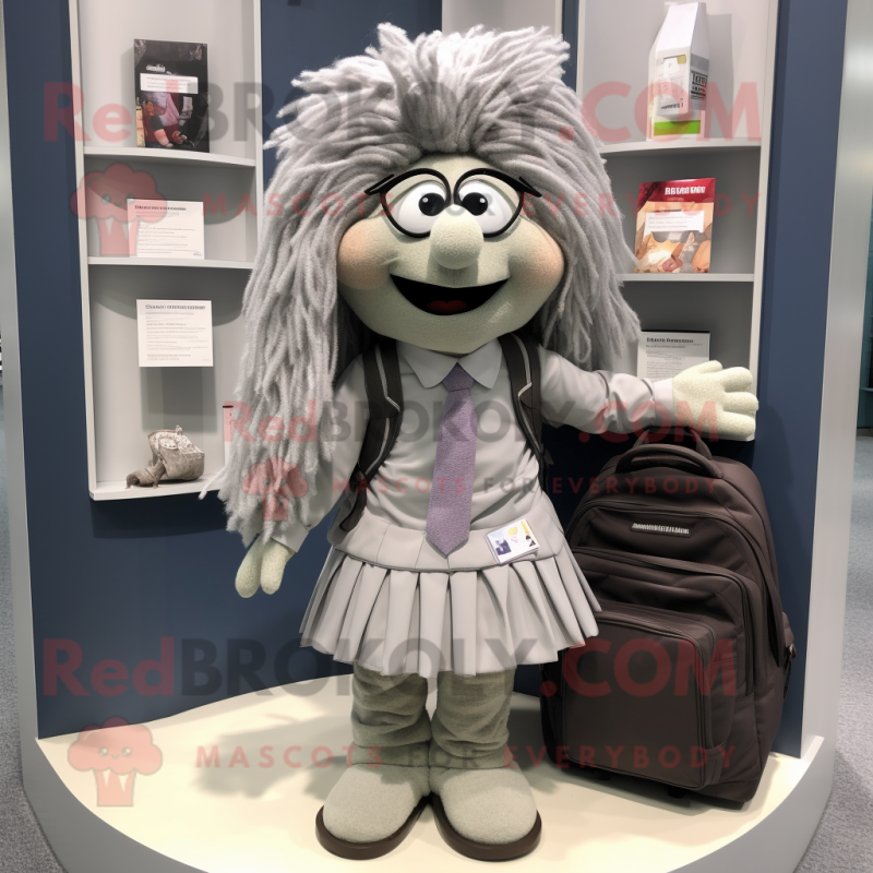 Gray Attorney mascot costume character dressed with a Pleated Skirt and Backpacks