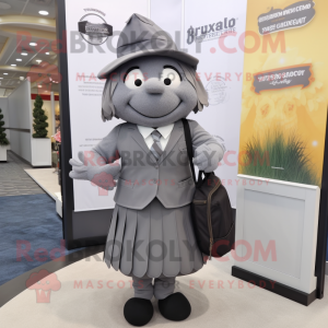 Gray Attorney mascot costume character dressed with a Pleated Skirt and Backpacks