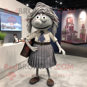 Gray Attorney mascot costume character dressed with a Pleated Skirt and Backpacks