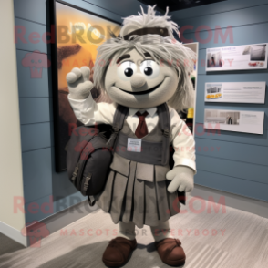 Gray Attorney mascot costume character dressed with a Pleated Skirt and Backpacks