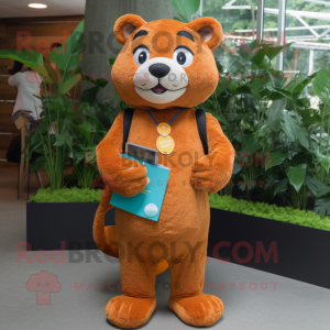 Orange Jaguarundi mascot costume character dressed with a Vest and Coin purses