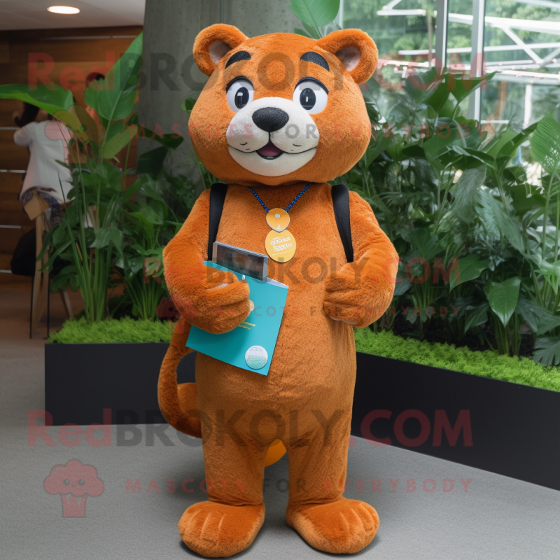 Orange Jaguarundi mascot costume character dressed with a Vest and Coin purses Orange Jaguarundi mascot costume character dressed with a Vest and Coin purses