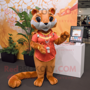 Orange Jaguarundi mascot costume character dressed with a Vest and Coin purses