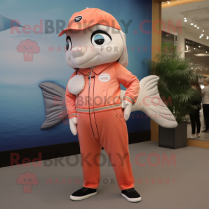 Cream Salmon mascot costume character dressed with a Jumpsuit and Hair clips