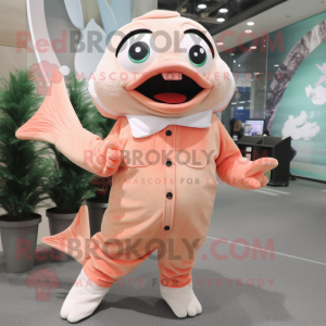 Cream Salmon mascot costume character dressed with a Jumpsuit and Hair clips