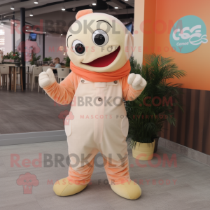 Cream Salmon mascot costume character dressed with a Jumpsuit and Hair clips