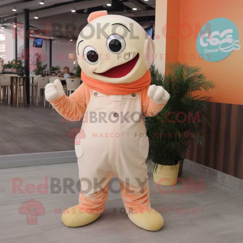 Cream Salmon mascot costume character dressed with a Jumpsuit and Hair clips Cream Salmon mascot costume character dressed with a Jumpsuit and Hair clips