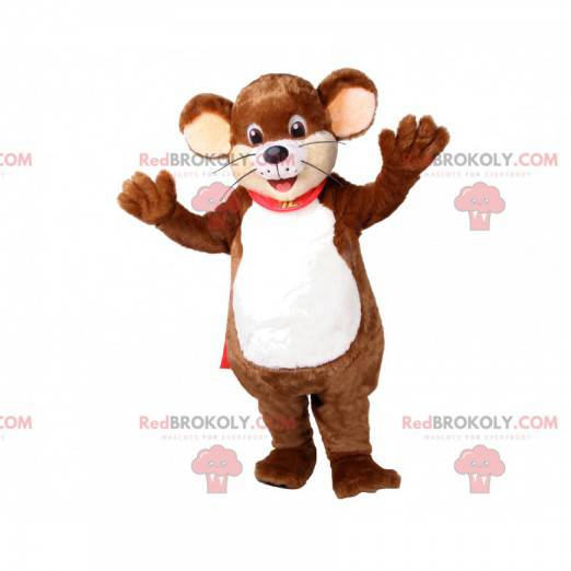 Mascotte del mouse marrone con un mantello rosso -