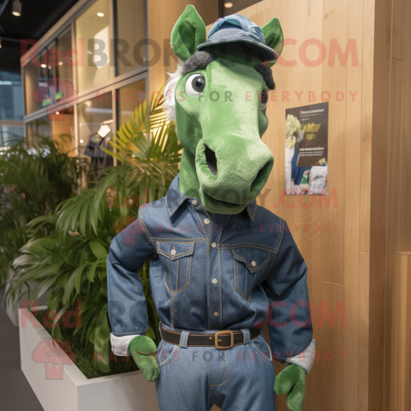 Green Mare mascot costume character dressed with a Denim Shirt and Earrings