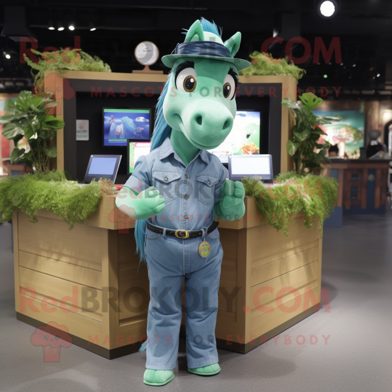 Green Mare mascot costume character dressed with a Denim Shirt and Earrings