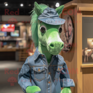 Green Mare mascot costume character dressed with a Denim Shirt and Earrings