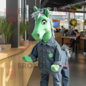 Green Mare mascot costume character dressed with a Denim Shirt and Earrings