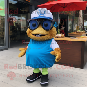 Blue Pulled Pork Sandwich mascot costume character dressed with a Shorts and Sunglasses