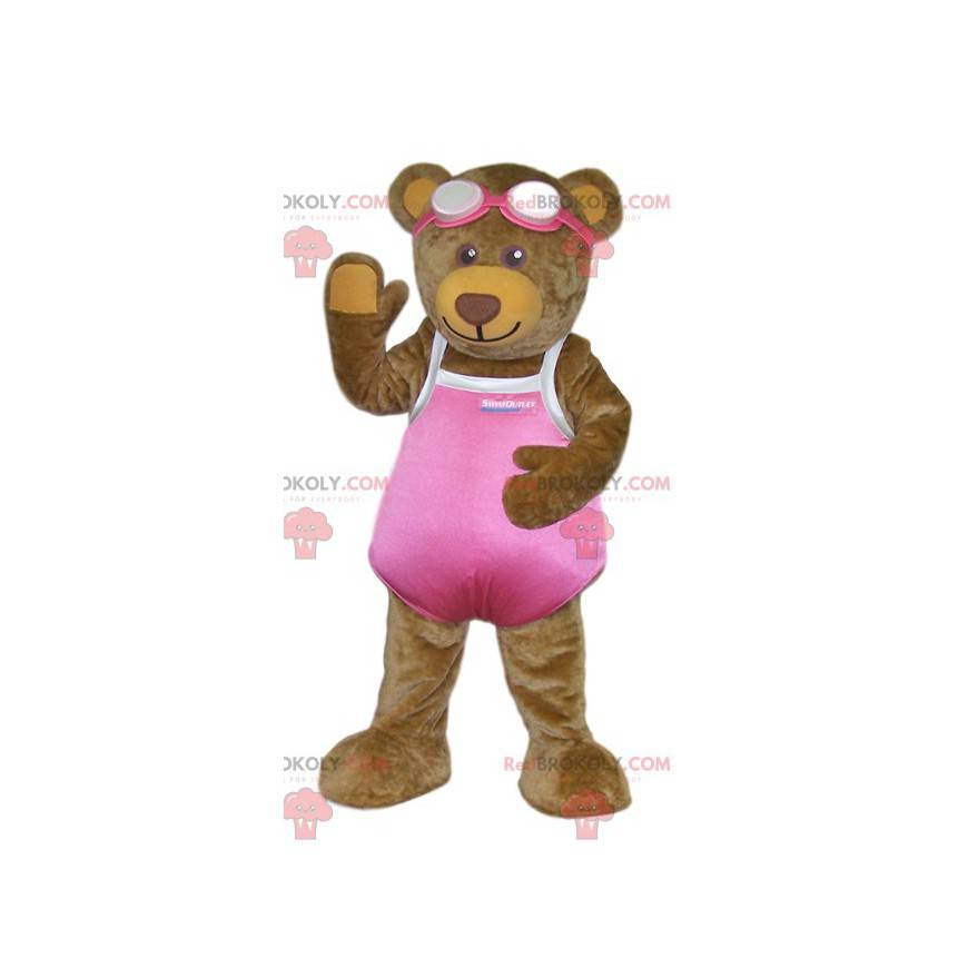 Mascotte d'ourson brun en maillot de bain rose - Redbrokoly.com