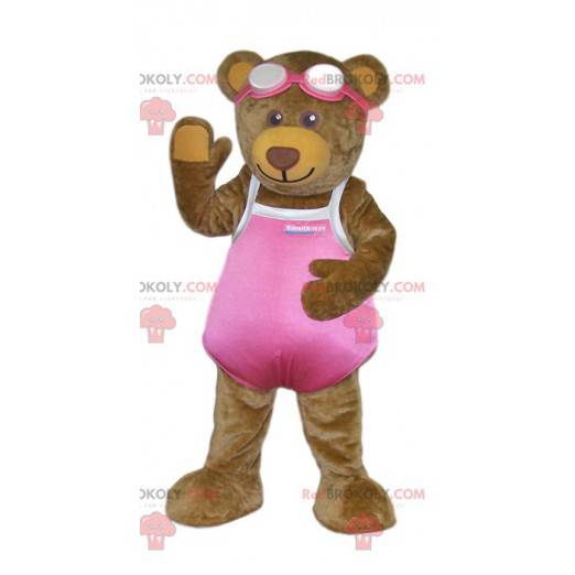 Mascotte dell'orso bruno in costume da bagno rosa -