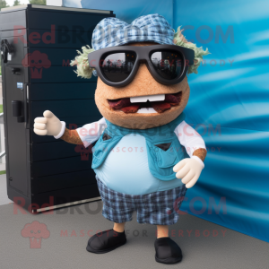Blue Pulled Pork Sandwich mascot costume character dressed with a Shorts and Sunglasses