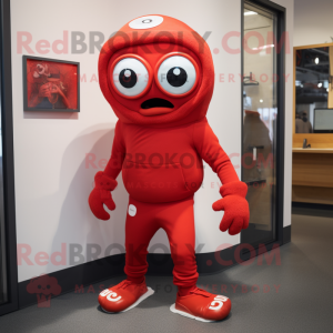 Red Cyclops mascot costume character dressed with a Joggers and Mittens