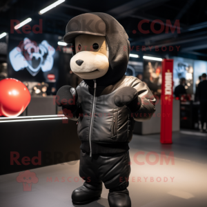 Black Boxing Glove mascot costume character dressed with a Bomber Jacket and Beanies