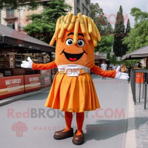 Rust French Fries mascot costume character dressed with a Skirt and Ties
